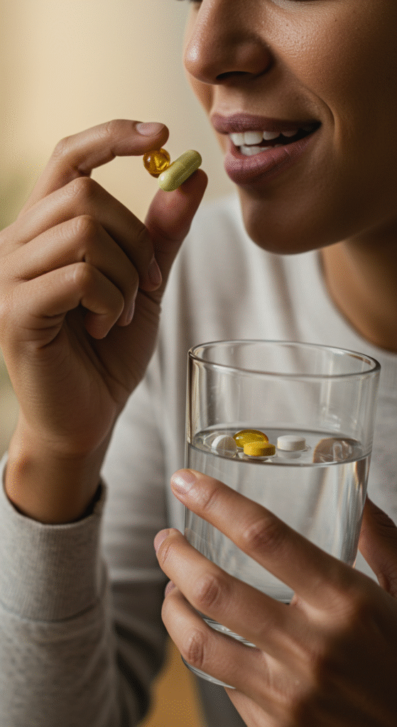 Someone taking vitamins and supplements to support their health journey