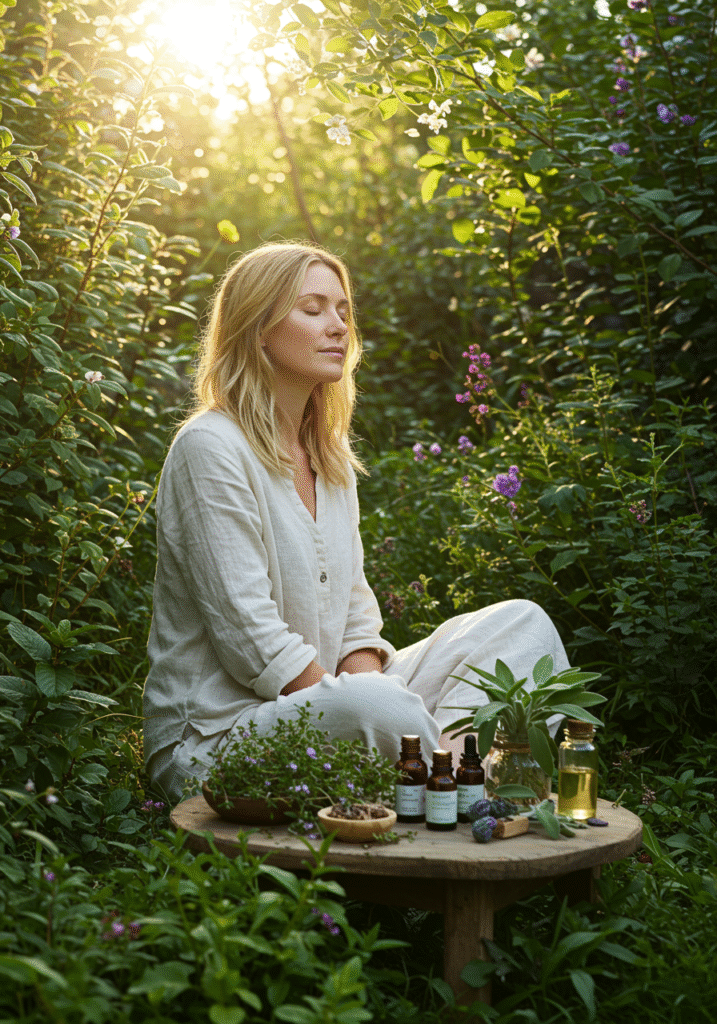Woman meditating outdoors surrounded by adaptogenic herbs for stress relief in 2025