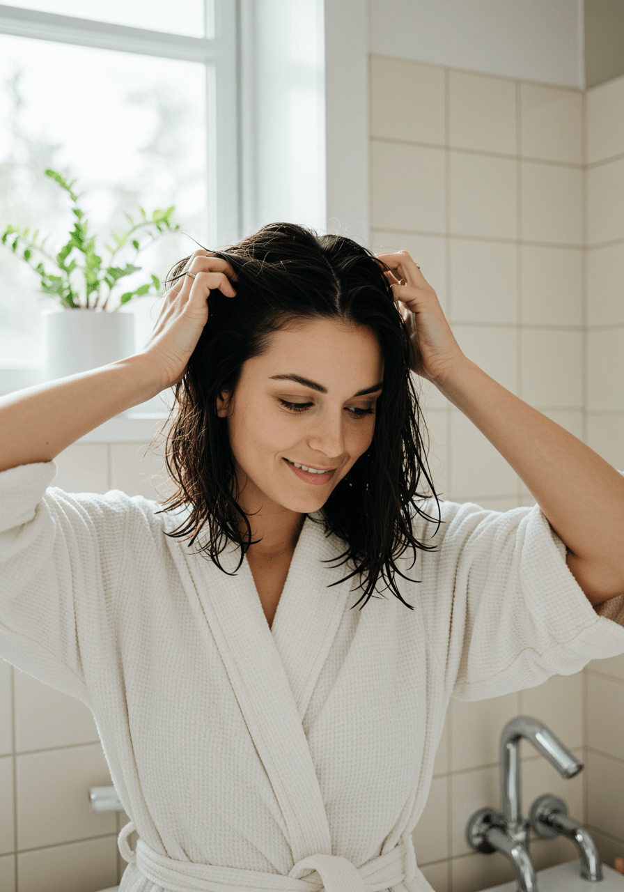 Woman applying DIY hair growth serum to her hair in a bathroom setting