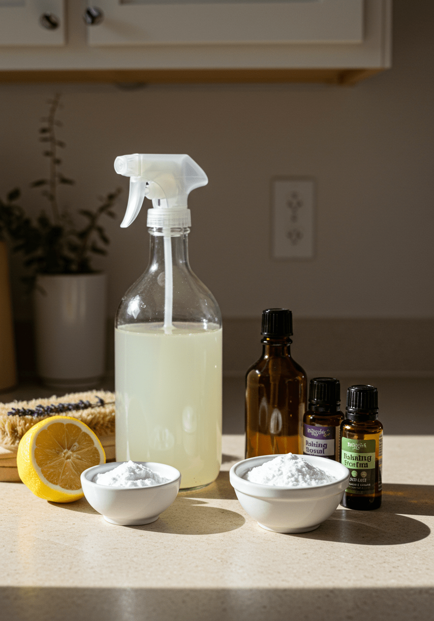 Natural spring cleaning ingredients including vinegar, baking soda, lemon, and essential oils on a kitchen countertop