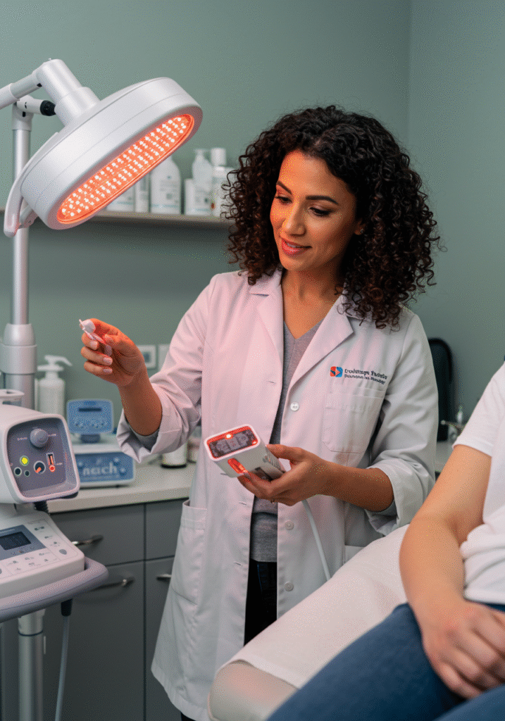 Medical professional demonstrating red light therapy device in a wellness clinicMedical professional demonstrating red light therapy device in a wellness clinic