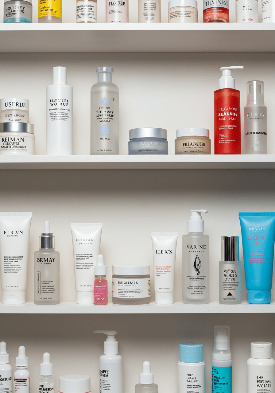 TikTok trending skincare products arranged on a shelf, highlighting popular and innovative packaging