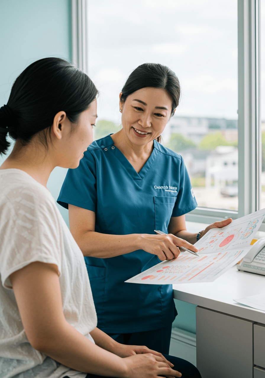 Doctor discussing menstrual health and cycle phases with a patient for mental wellness support.