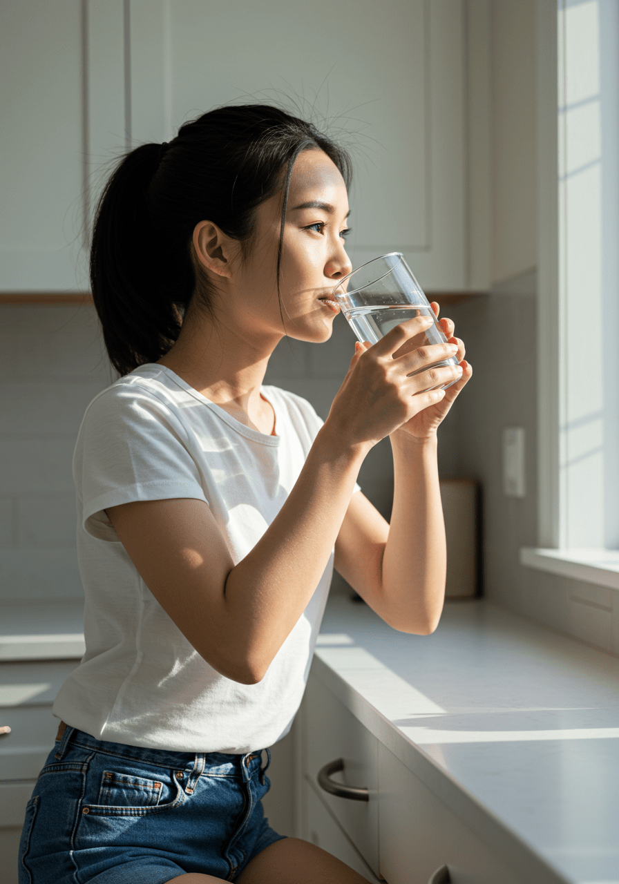 Individual drinking water to promote healthy hydration habits in the morning