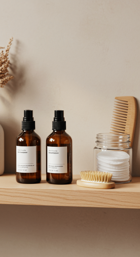 Eco-friendly hair care products on bathroom shelf, encouraging less frequent hair washing