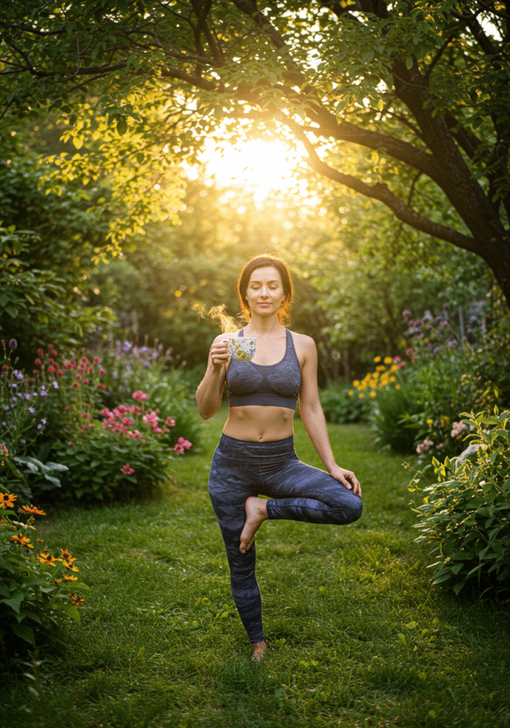 Woman practicing yoga in nature with a cup of herbal tea to enhance focus and relaxation