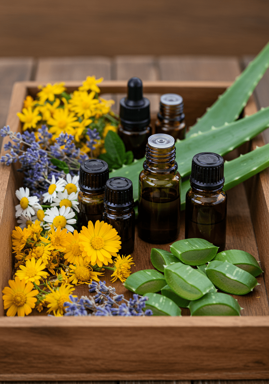 Close-up of herbal remedies, essential oils, and aloe vera in a natural first aid kit for families