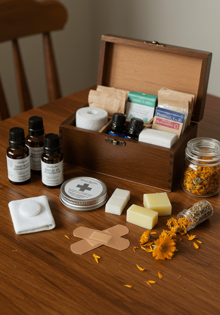 Organized natural first aid kit with herbal and organic supplies on a wooden table for family use