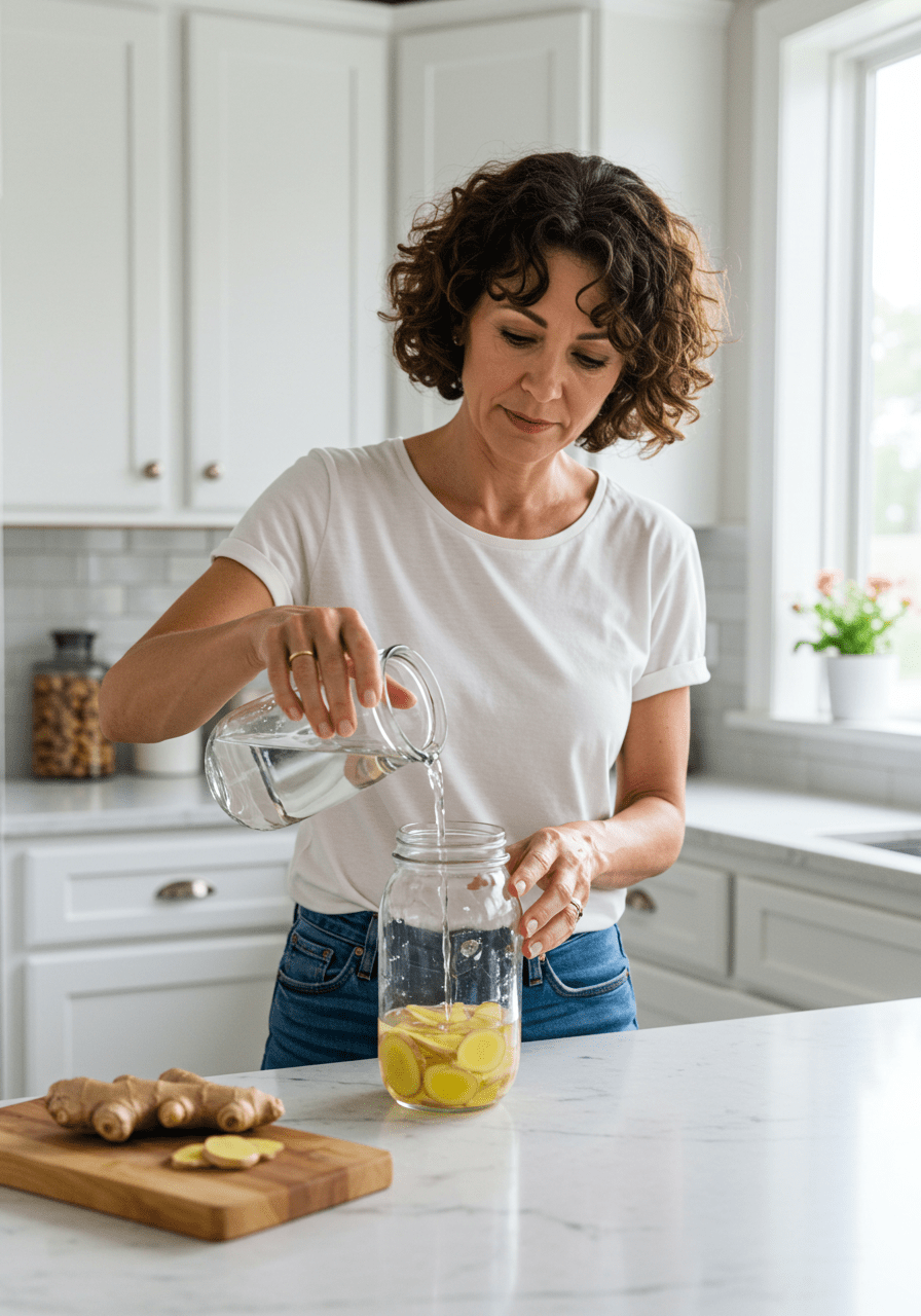 Woman preparing ginger water in a glass jar with ginger slices and water