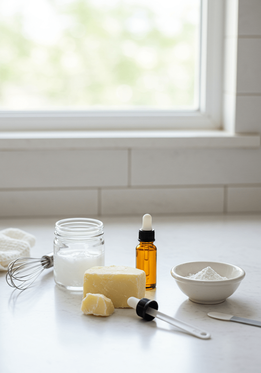Natural ingredients like shea butter, coconut oil, and zinc oxide used for homemade sunscreen