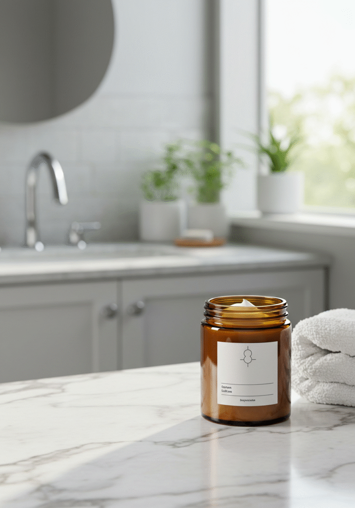 Ready-to-use homemade sunscreen lotion in a jar placed on a bathroom counter