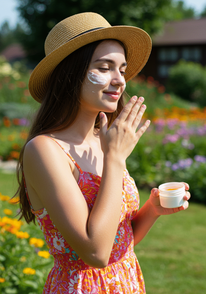 Woman applying natural homemade sunscreen lotion outdoors to protect skin from the sun