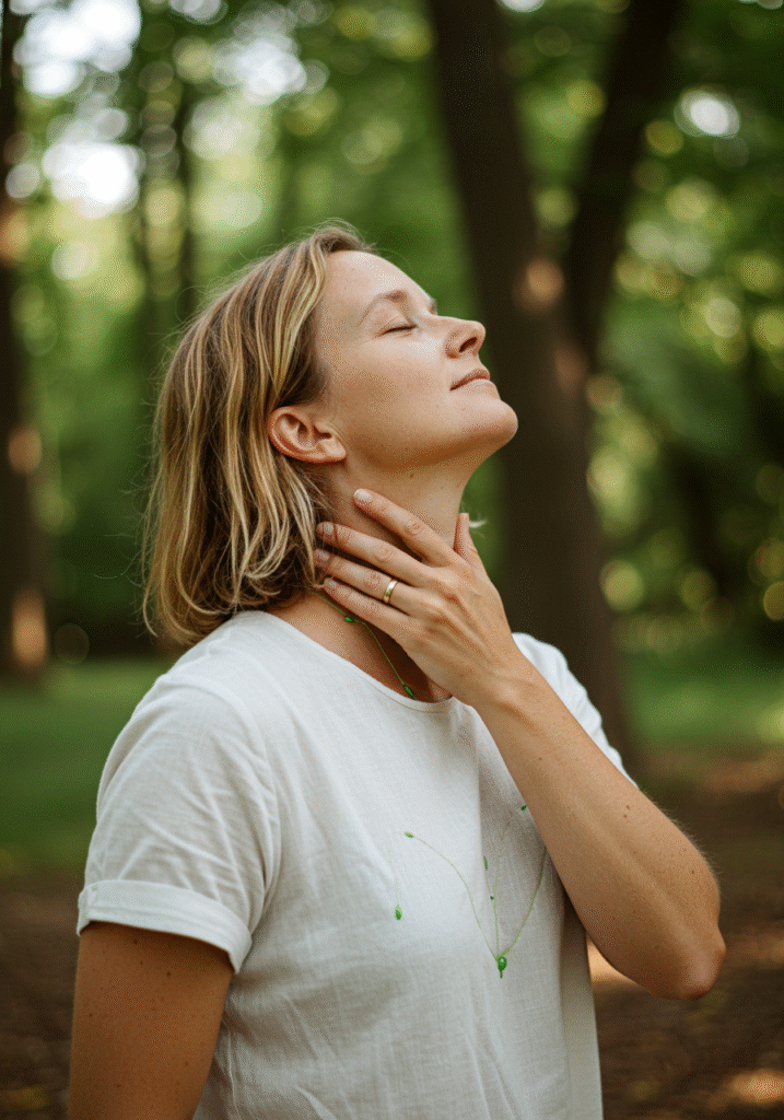 A person performing lymphatic drainage massage on their neck to detoxify the lymphatic system naturally.