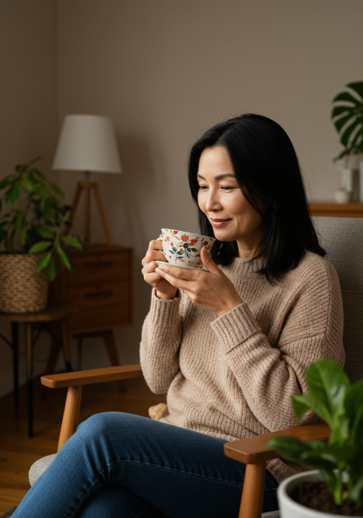 Woman in her 40s drinking herbal tea to naturally support menstrual cycles