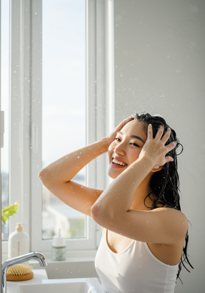 Woman happily washing her hair with shampoo in a bright bathroom