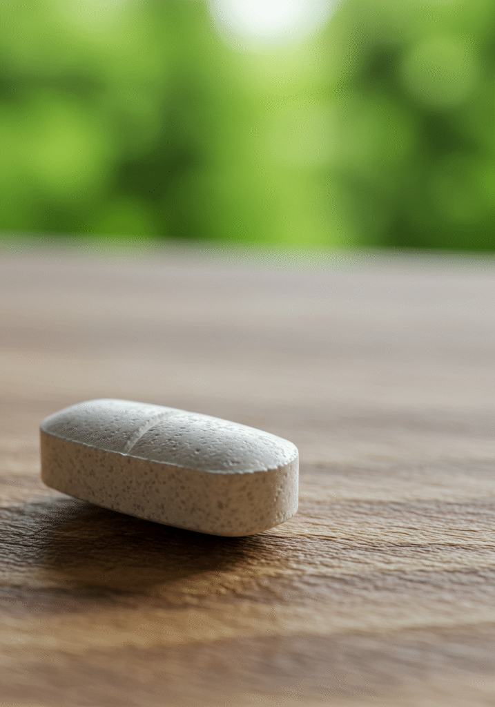 A magnesium supplement pill placed on wood with green plants, highlighting the 'chill mineral' aspect