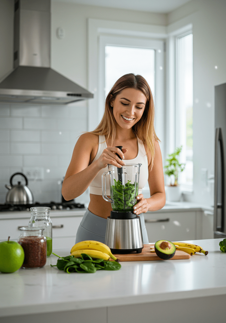 Person blending a smoothie made with bananas, spinach, and avocado in a blender in a kitchen