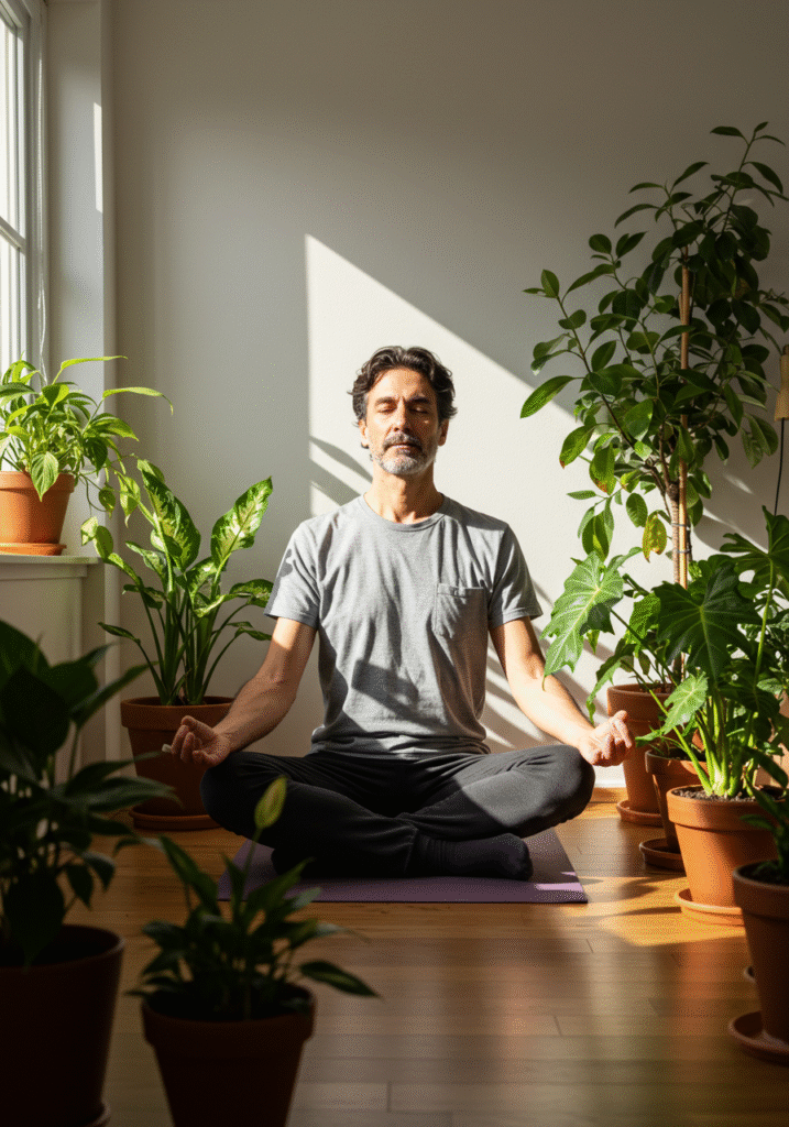 Man meditating peacefully in a sunlit room with plants, promoting cortisol and mood balance