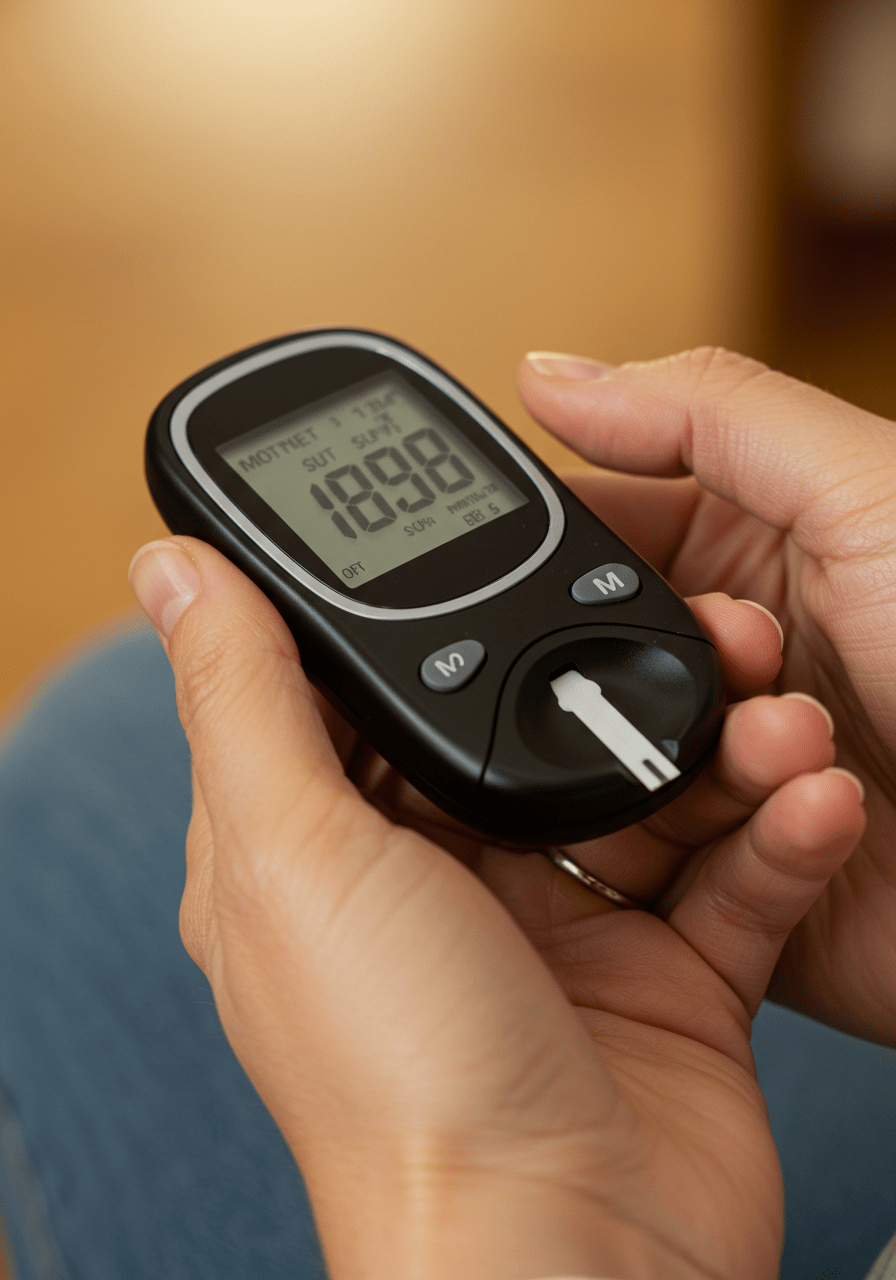 Person measuring blood sugar levels using a glucometer to illustrate blood sugar management