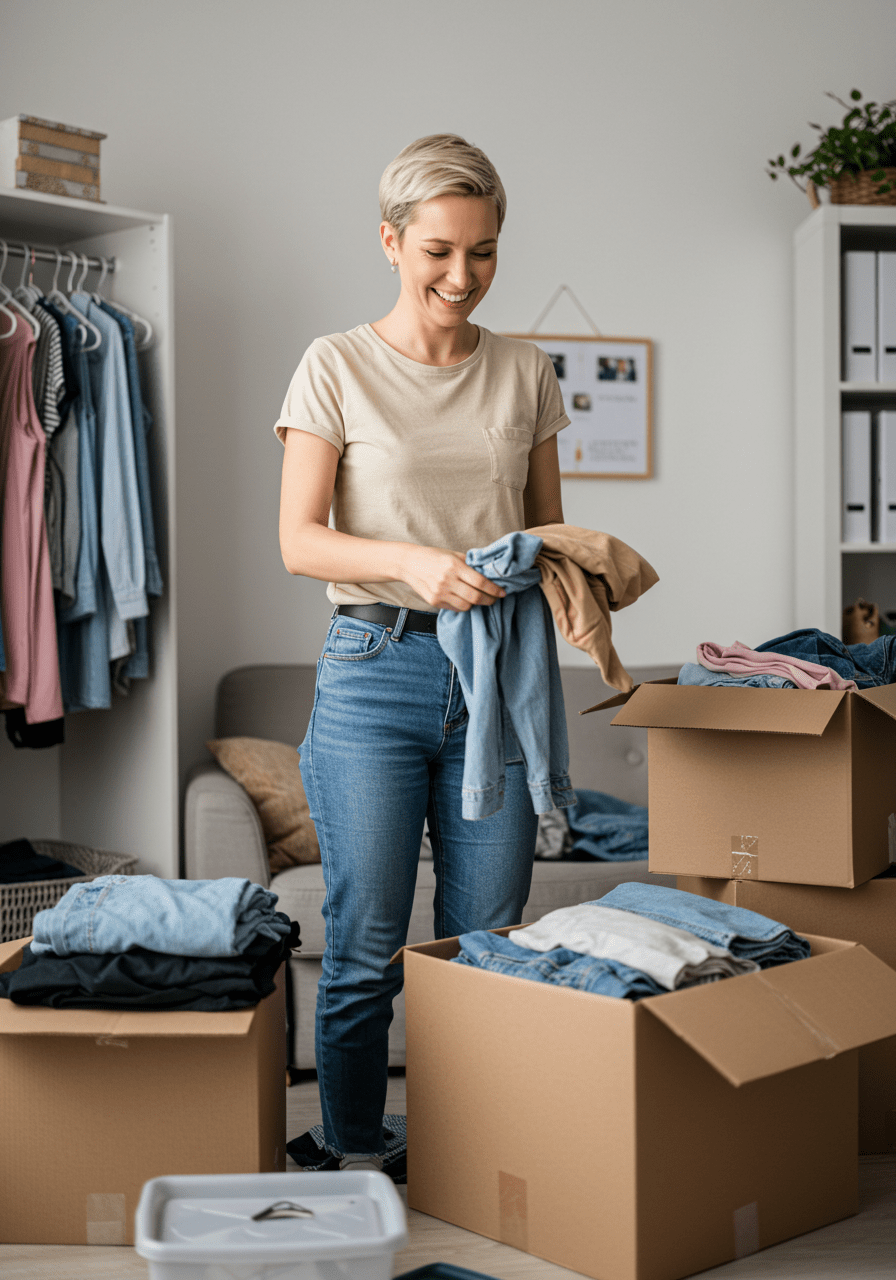 A woman smiling while organizing clothes in her wardrobe, symbolizing decluttering and mental clarity