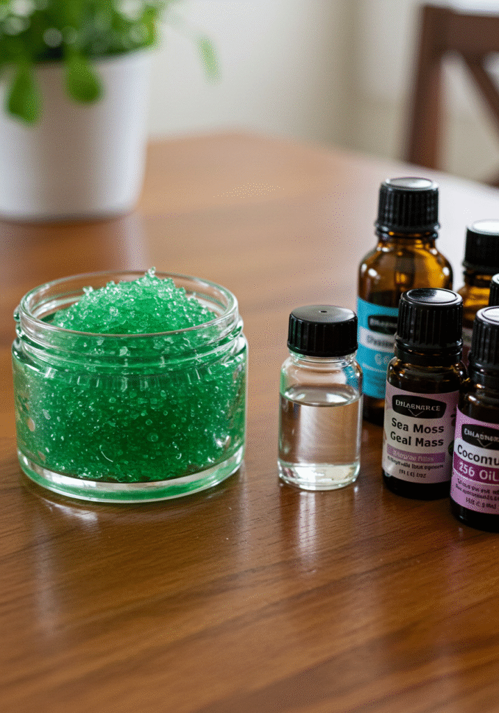 Homemade sea moss skincare ingredients including gel, coconut oil, and essential oils arranged on a table
