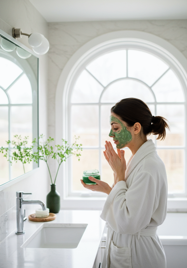 Woman with a natural skincare routine using a sea moss face mask in a clean, well-lit bathroom