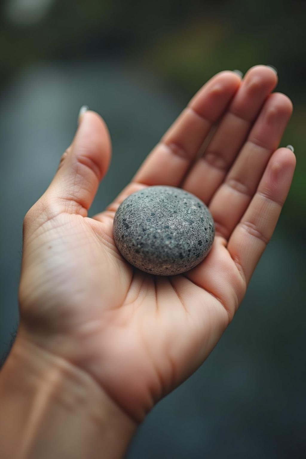 Hand holding a grounding object such as a stone or stress ball for panic attack relief