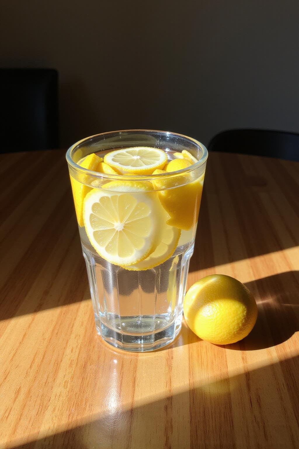 A glass of water with lemon slices on a sunny wooden table, promoting hydration benefits