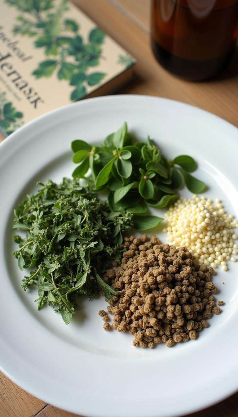 Close-up of fresh herbs like black cohosh, chasteberry, and dong quai on a white plate for hormone support