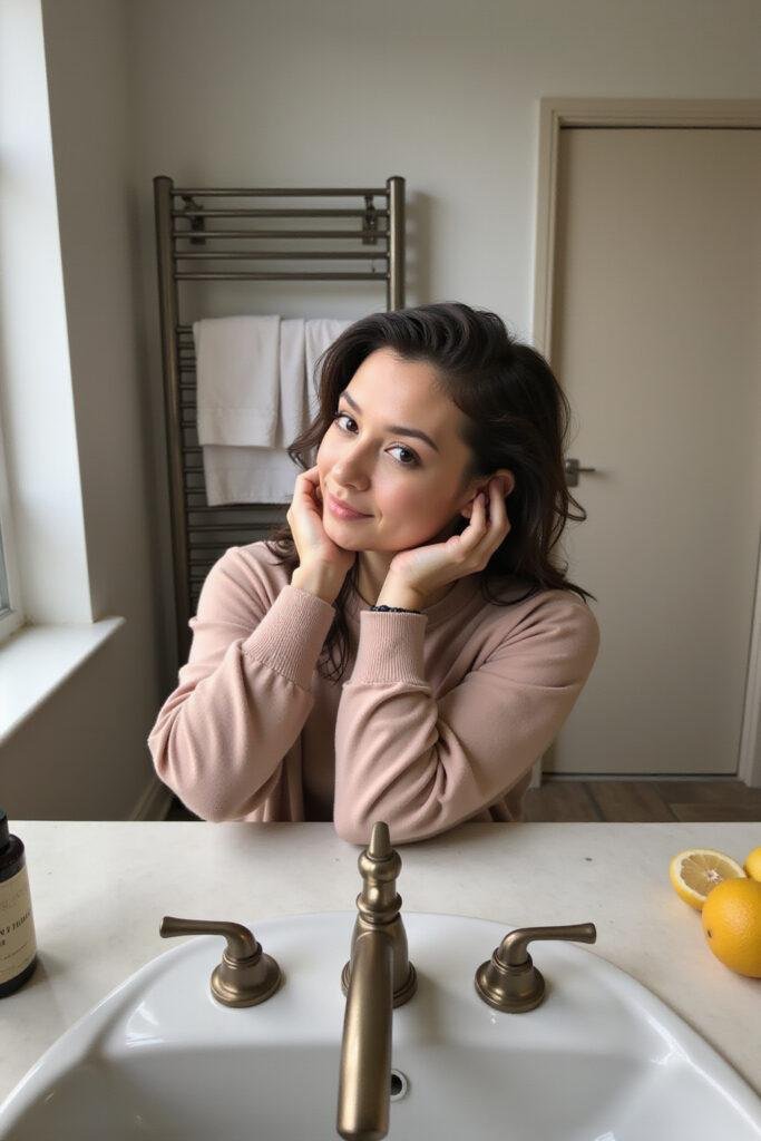 Woman washing her hair in a bathroom, promoting healthy hair habits and hair care