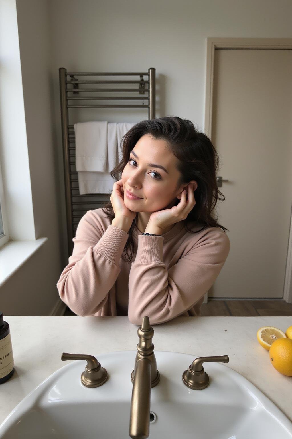 Woman washing her hair in a bathroom, promoting healthy hair habits and hair care