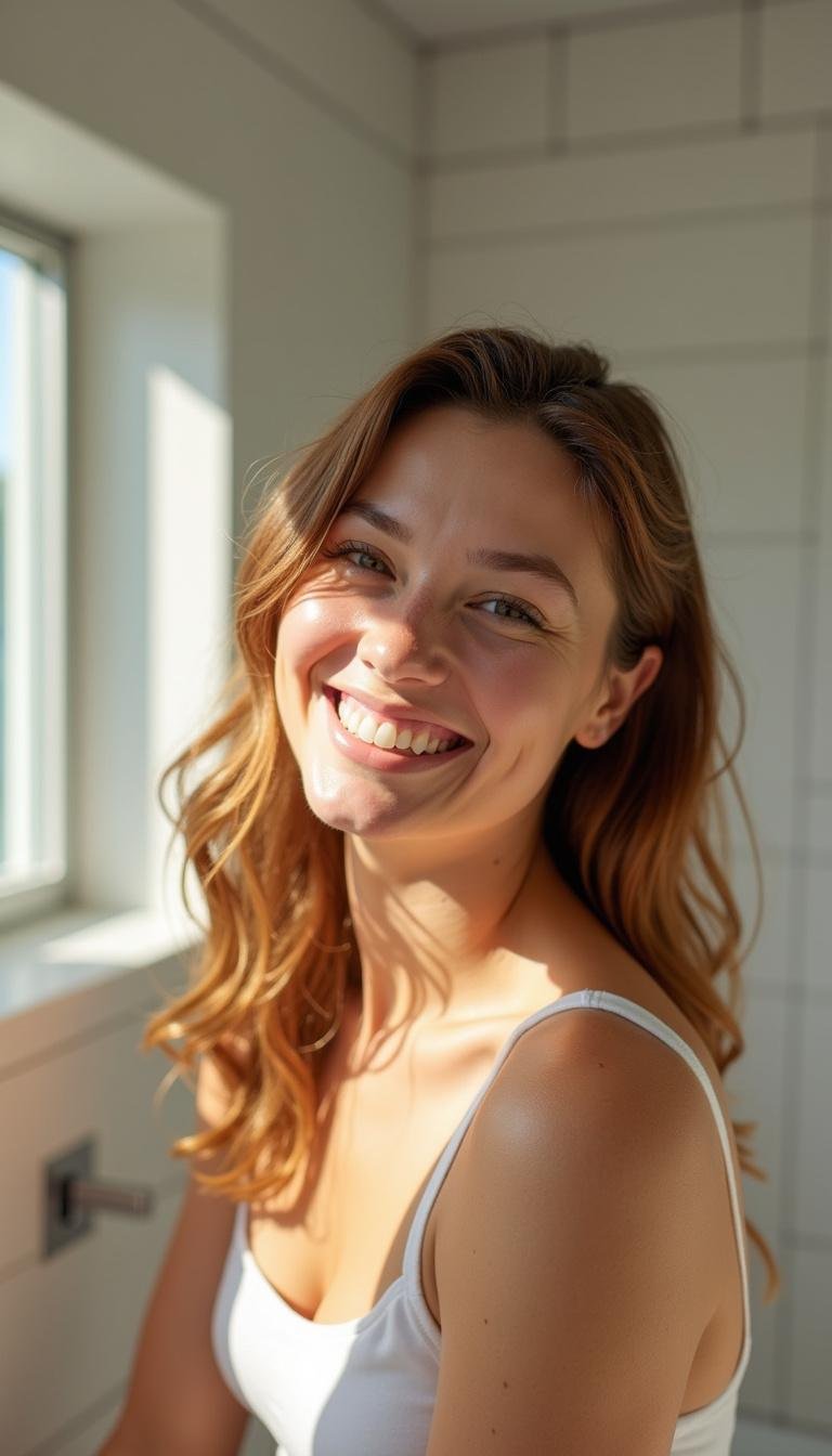 Happy person with healthy hair after infrequent washing, illustrating hair benefits