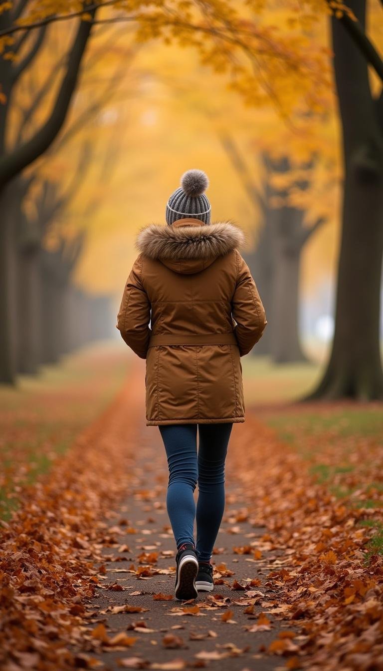 Individual walking outdoors amidst autumn leaves as a natural way to beat cortisol belly in 2025