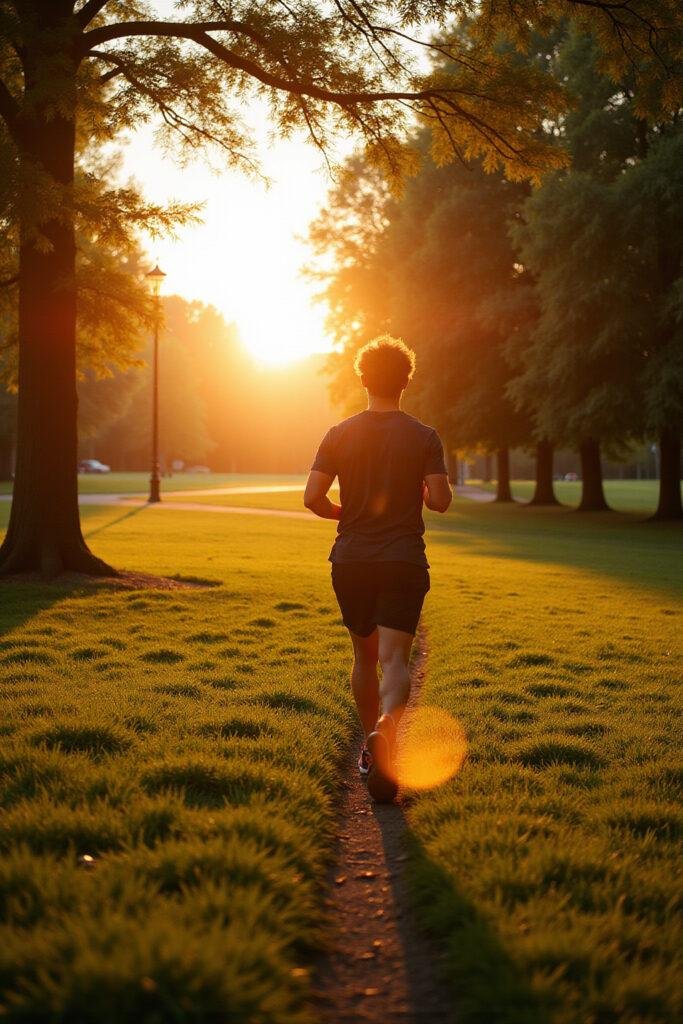 Individual jogging in the park at sunrise, illustrating the benefits of outdoor physical activity