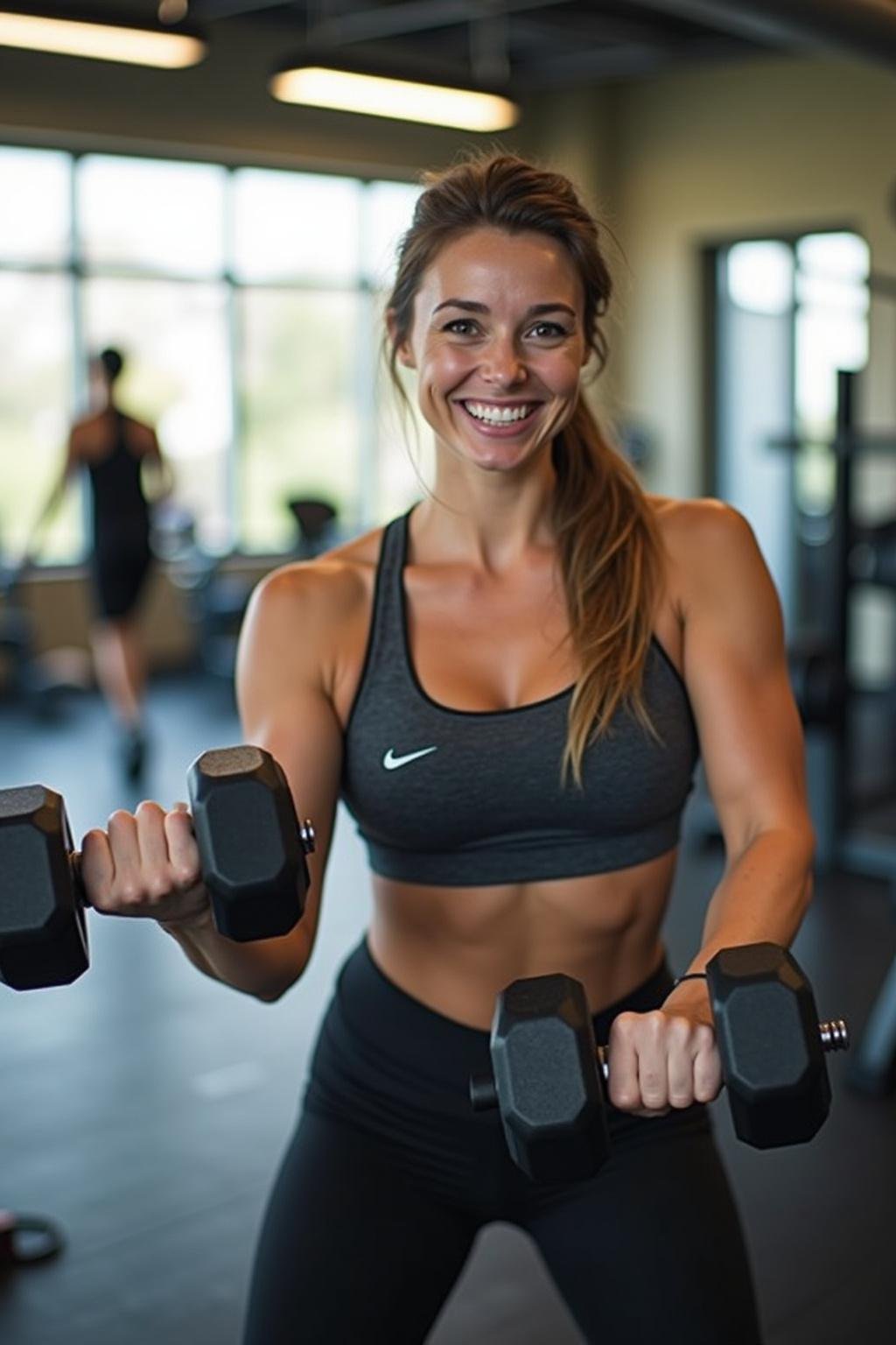 Woman performing strength exercises with dumbbells in the gym, highlighting fitness improvements