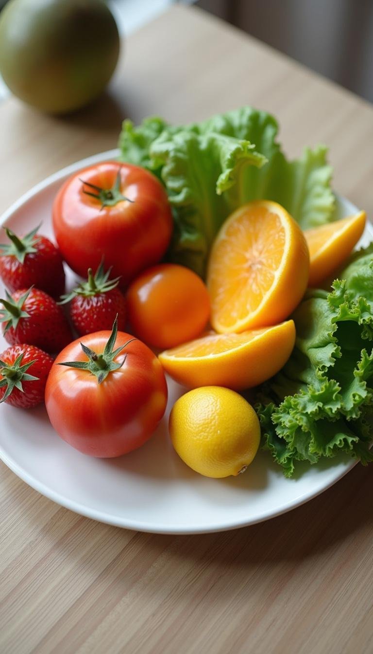 Plate with fresh fruits and vegetables, representing nutritious eating as part of a healthy exercise routine