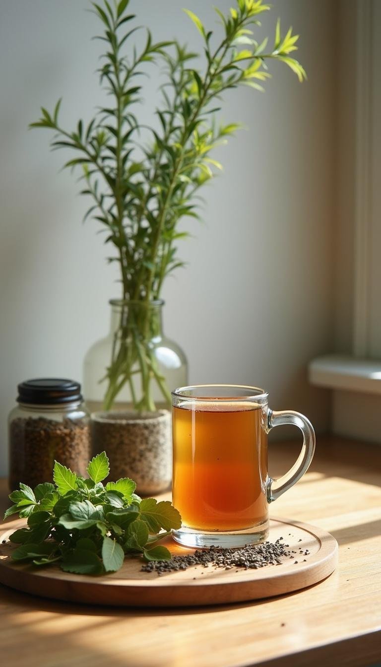 Fresh adaptogenic herbs and herbal teas on kitchen countertop for stress management in 2025