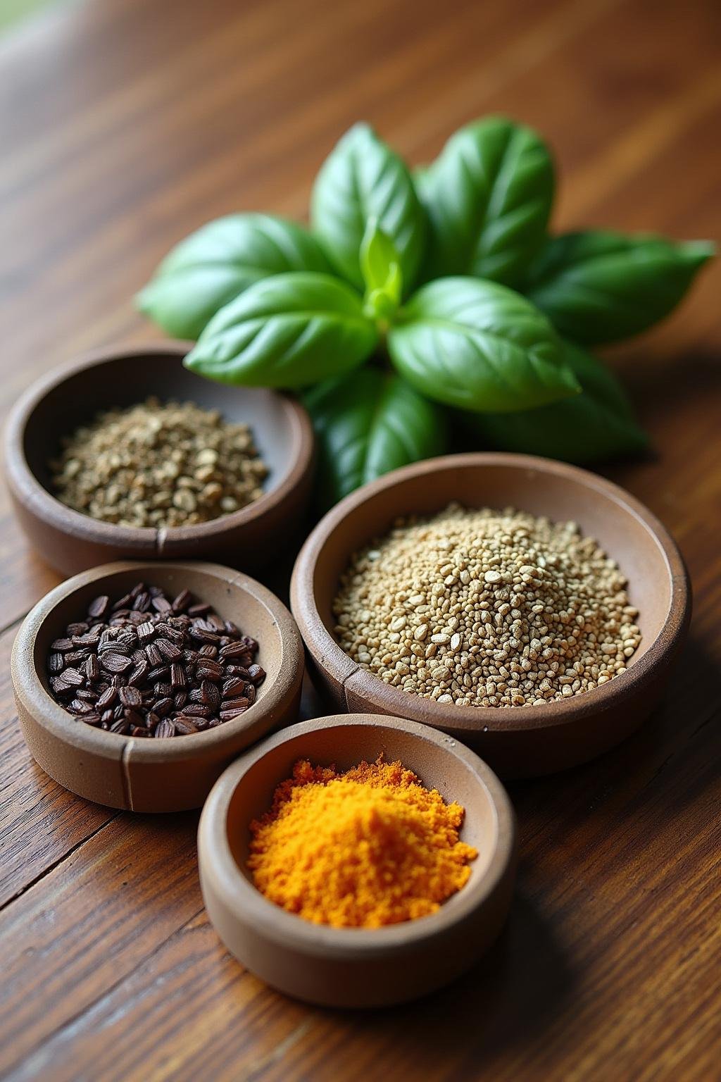 Herbs known for adaptogenic properties displayed on a wooden surface for stress relief
