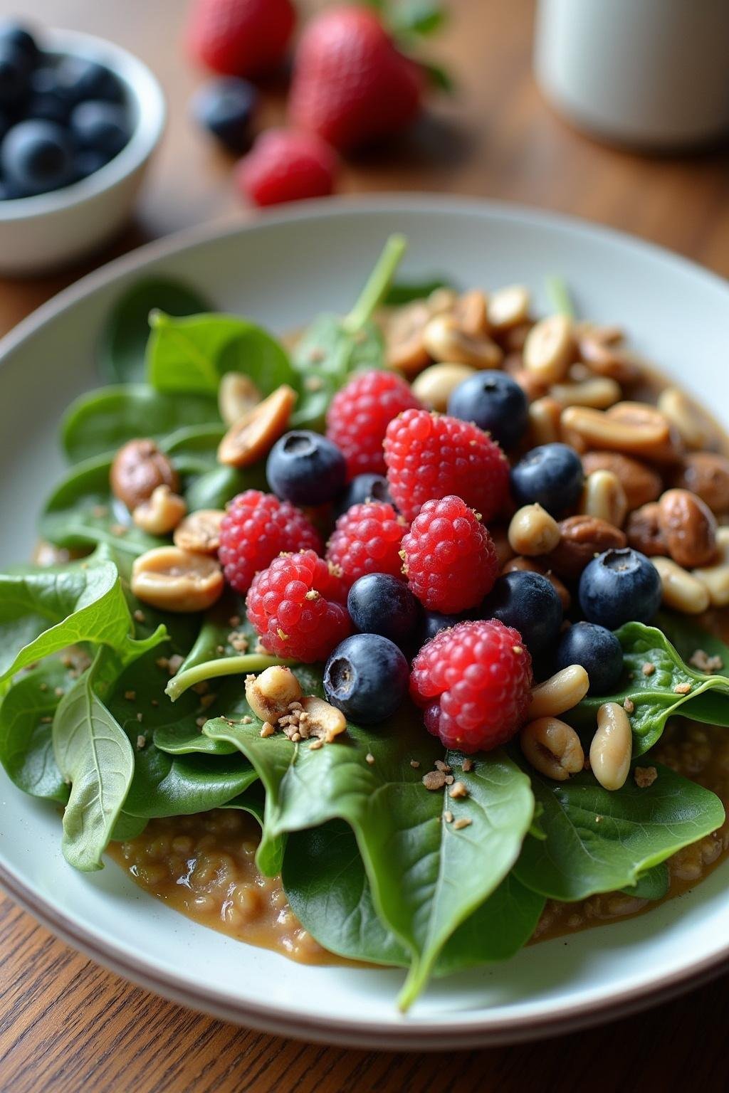 Healthy breakfast with greens, nuts, and berries supporting hormone balance for mental clarity