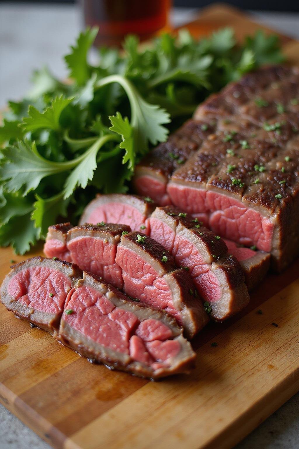 Juicy grass-fed beef steak served on a wooden cutting board with fresh greens, highlighting its superior quality