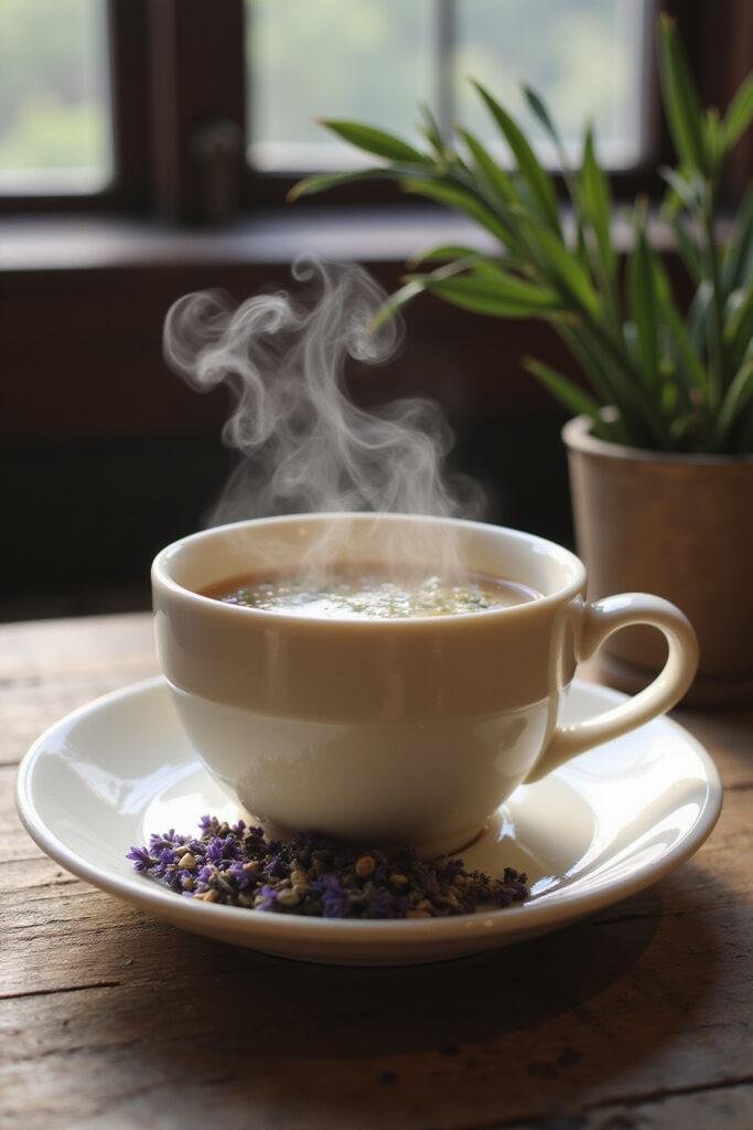 Herbal tea with chamomile and lavender herbs on a wooden table, ideal for stress relief and relaxation