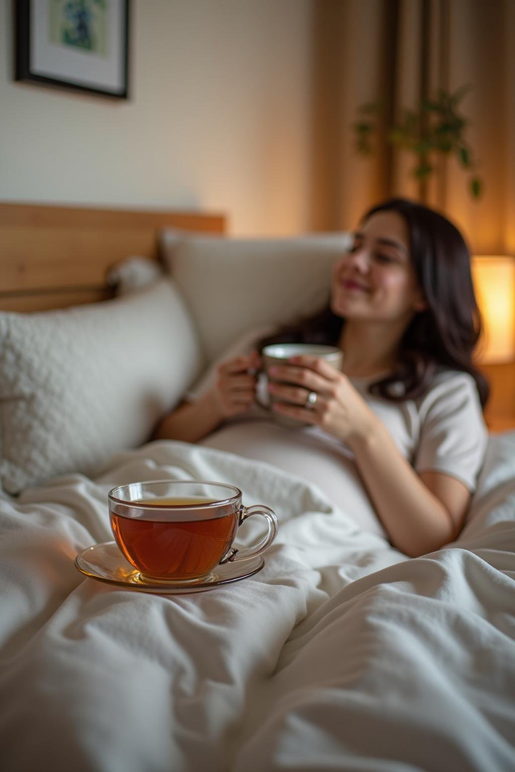 Person enjoying a herbal tea in bed to promote better sleep and reduce stress in a cozy bedroom setting