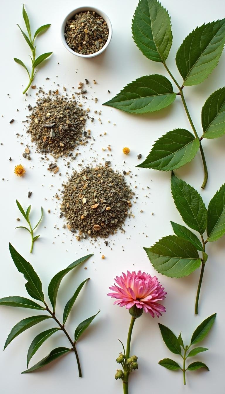 Assorted dried herbs and fresh leaves used for making stress-relief and sleep-promoting herbal teas