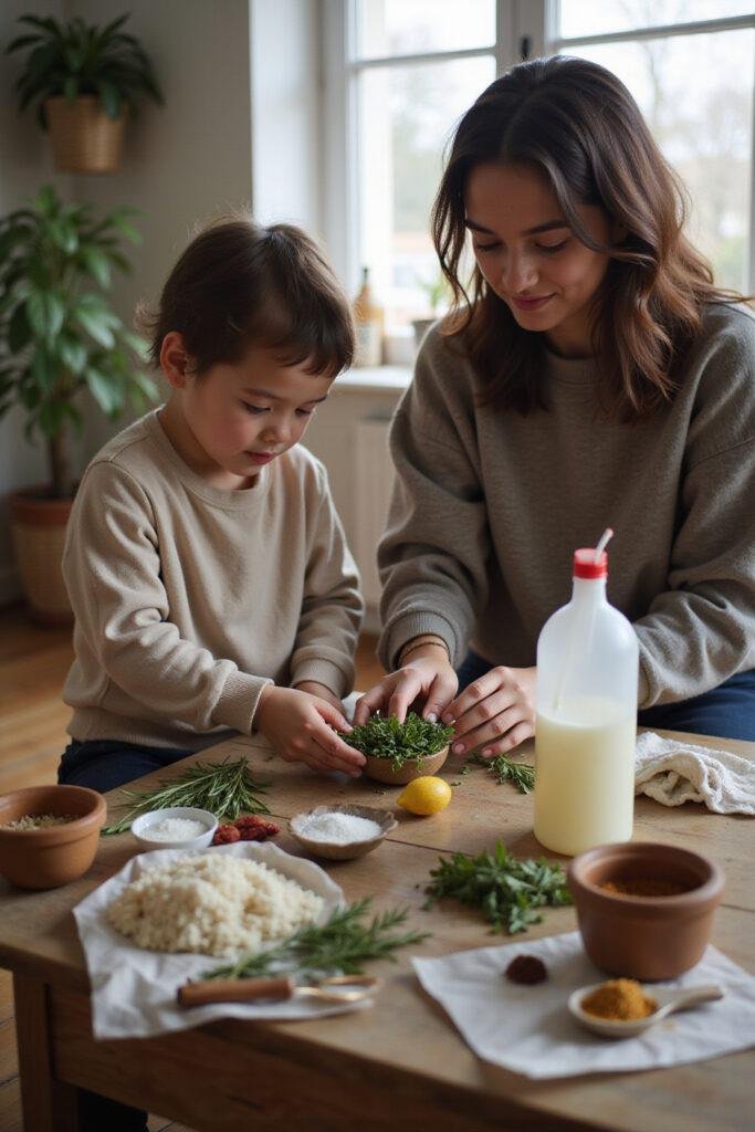 Family assembling a natural first aid kit with herbal remedies and natural supplies at home for family health