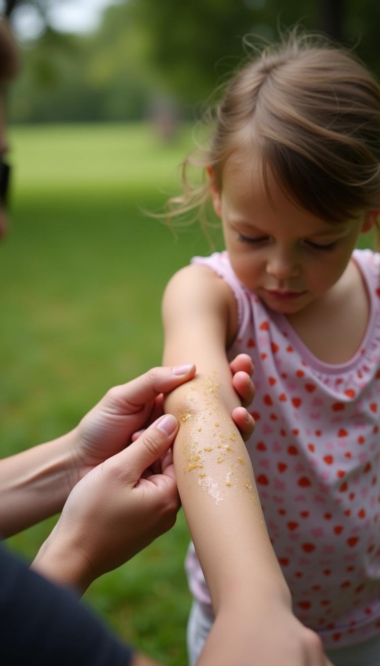 Adult applying herbal compress to child using natural first aid methods outside