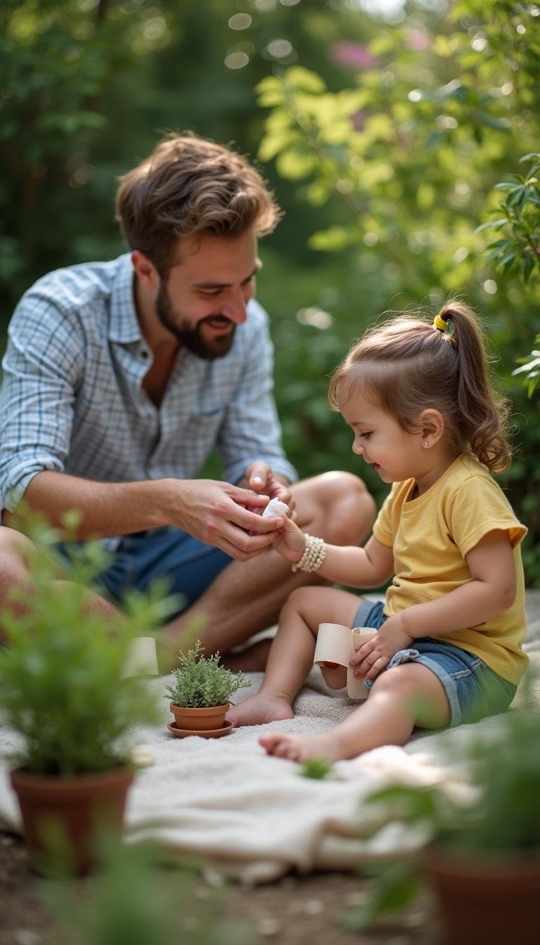 Family using natural remedies on minor cut outdoors in a garden setting