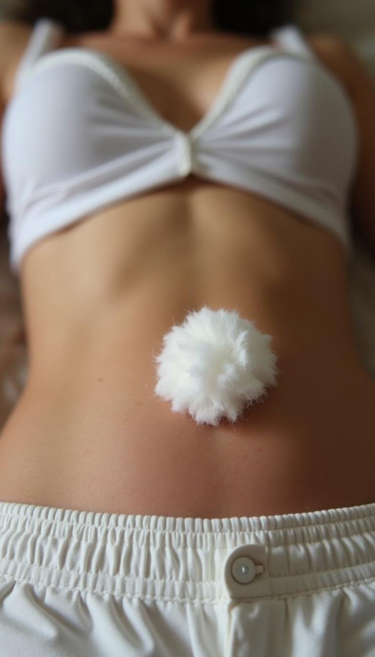 Woman receiving castor oil belly button treatment with a cotton ball placed on her navel