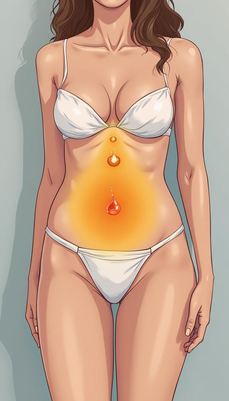 Diagram showing castor oil application on the belly button region for therapy purposes