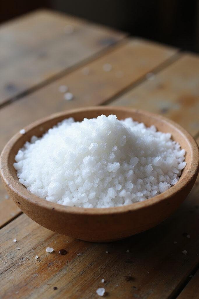 Close-up of Celtic sea salt crystals in a bowl on a wooden table, showing its moist and coarse texture for health benefits