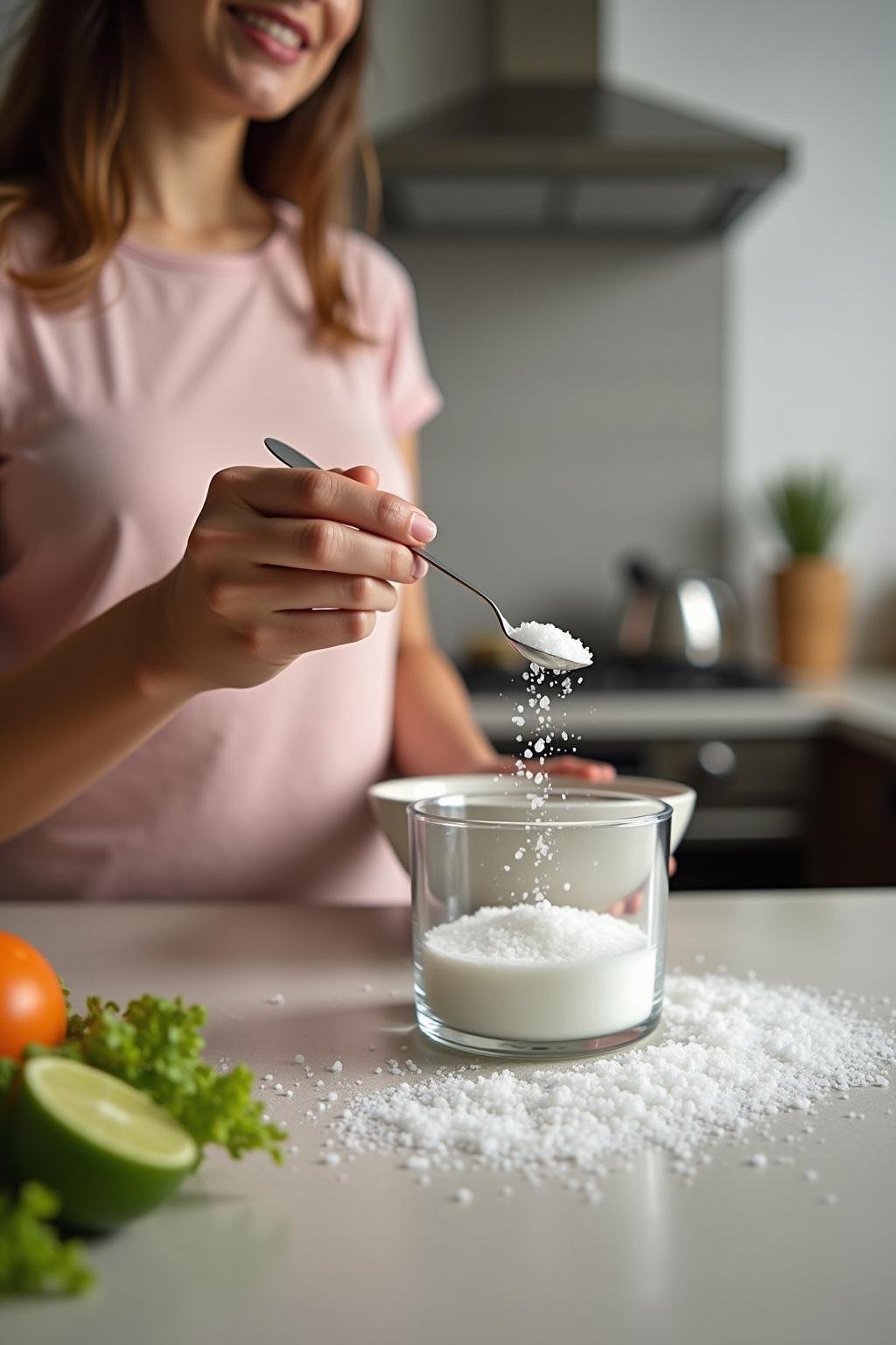 Person using a measuring spoon to check salt intake in a kitchen, illustrating how to ensure adequate Celtic salt consumption